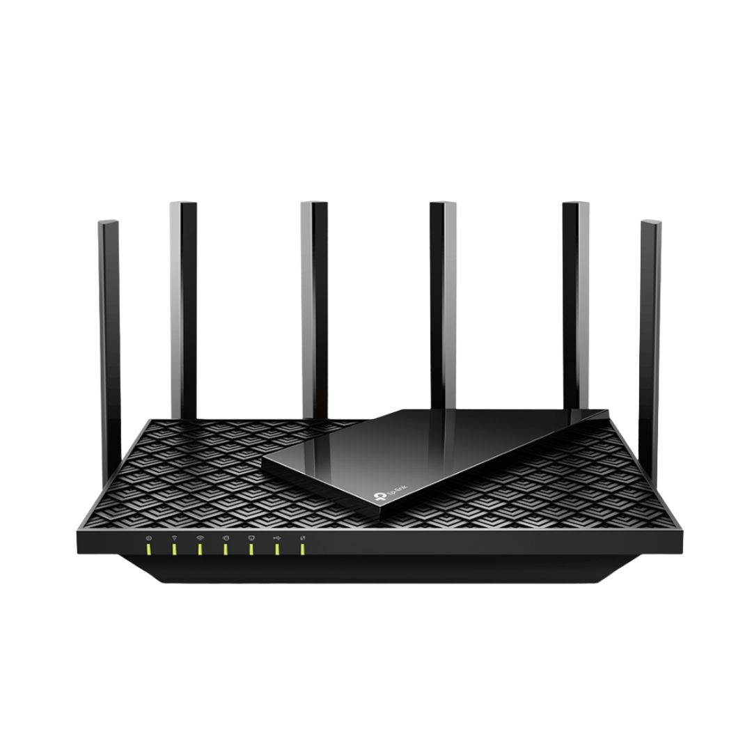 Black router with multiple antennas on a white background